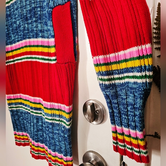 Vintage 70s Colorful Maximalist Striped Cowl Neck Knit Sweater Dress Pockets - Picture 7 of 12